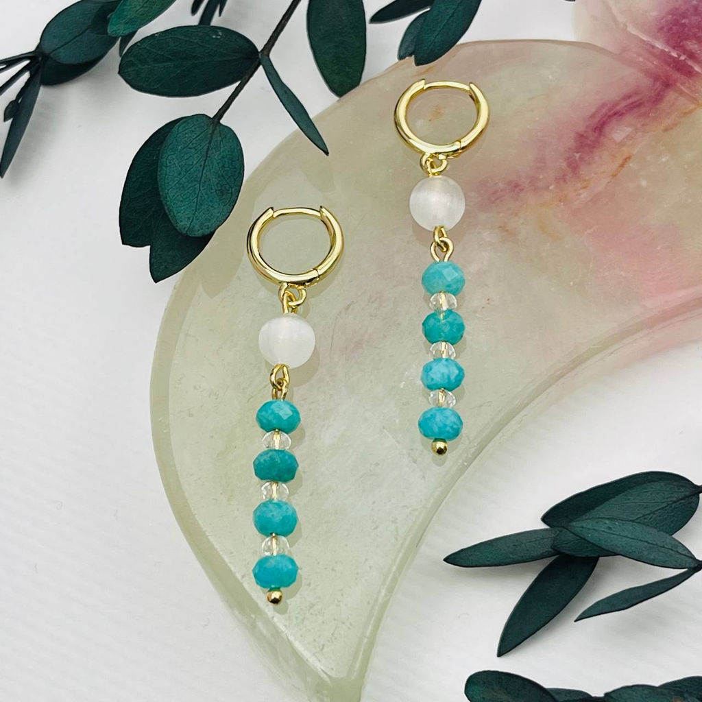 Серьги длинные из Амазонита, Селенита и Горного Хрусталя