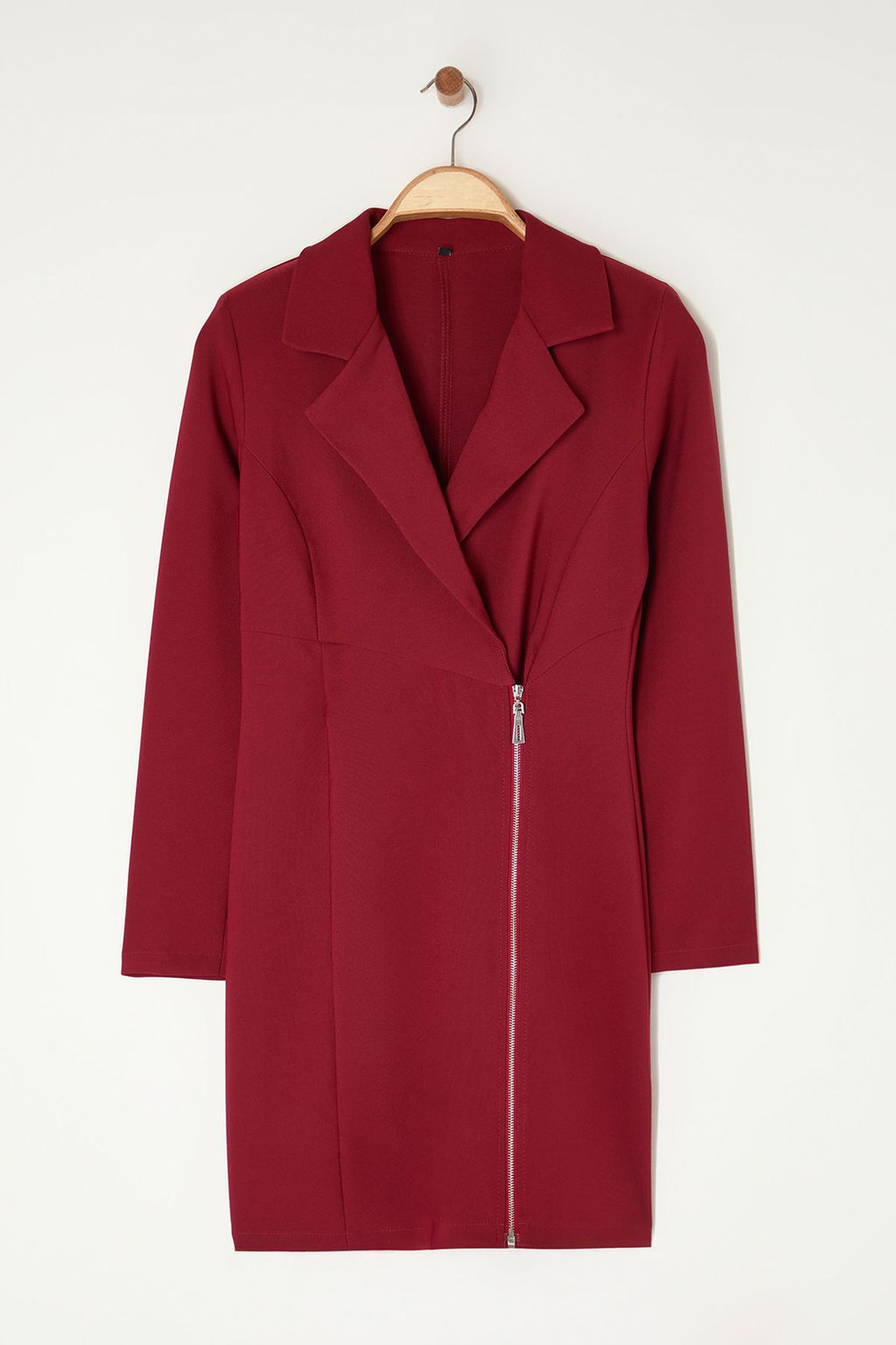 Bordo Ceket Yaka Fermuar Detayl? Dokuma Elbise TWOAW24EL00292