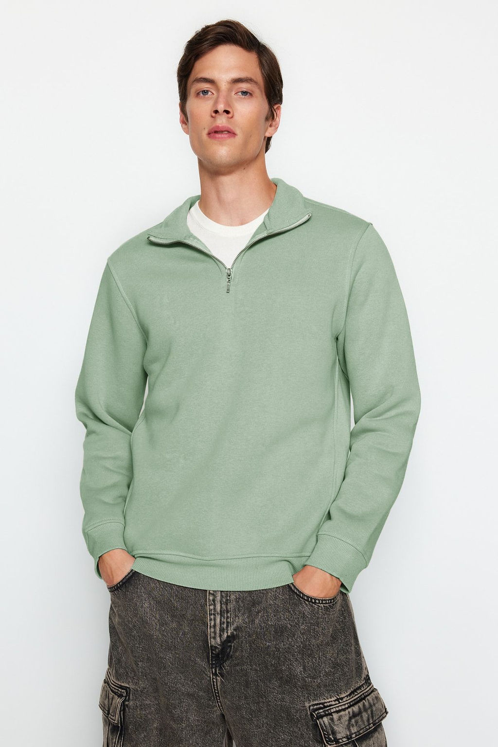 Mint Regular/Normal Kesim Dik Yaka Fermuarl? Pamuklu Basic Ici Polarl? Sweatshirt TMNAW24SW00041
