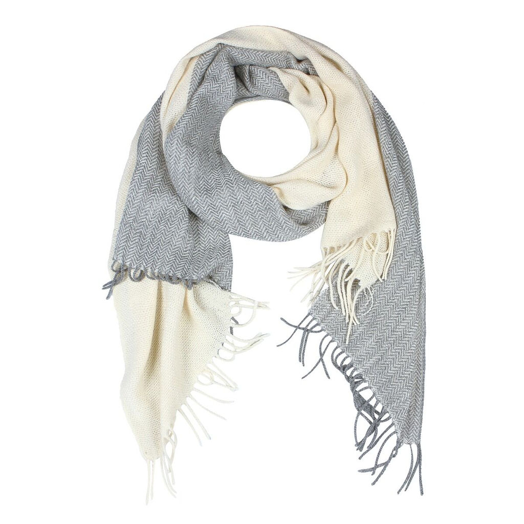 Палантин сливочного и серого цветов с бахромой