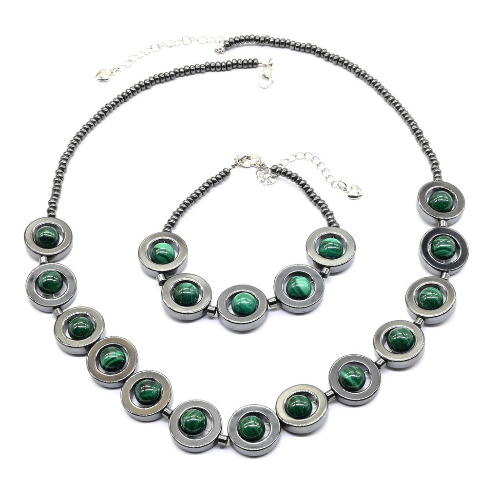 Колье с браслетом из гематита с малахитом шарик 8мм, 48см, 18см Радуга камня