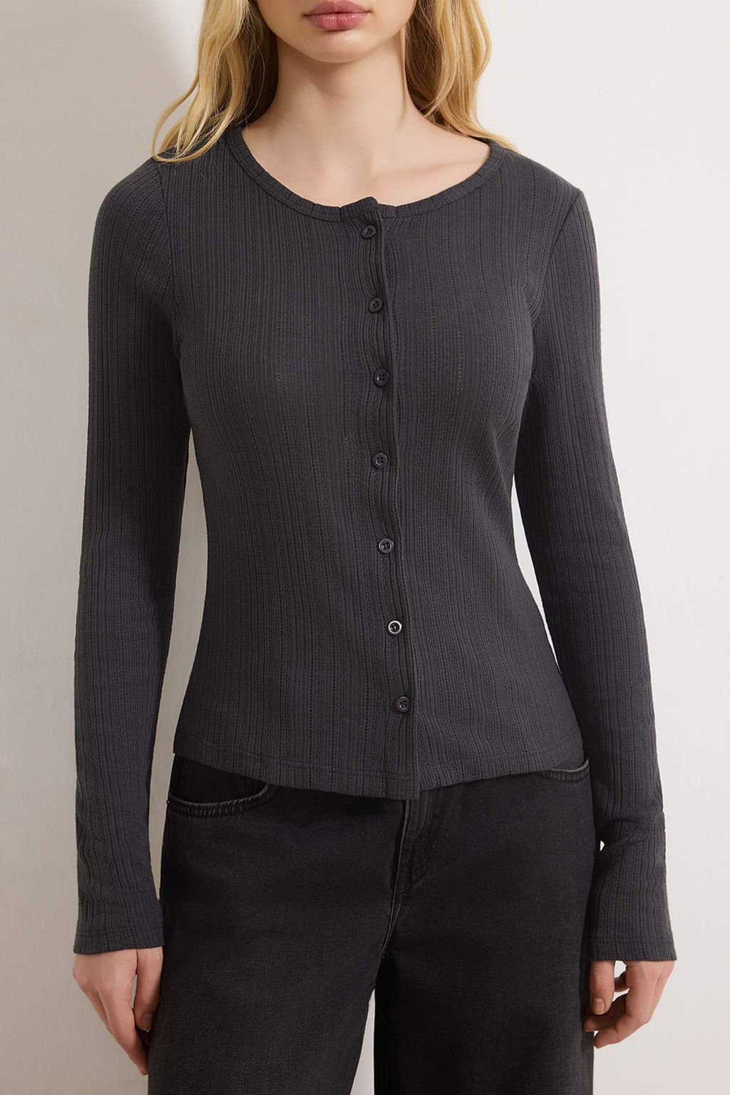 Wardrobe Essentials-Antrasit Fitted/Vucuda Oturan Dugmeli Uzun Kollu Orme Bluz TWOSS26BZ00246