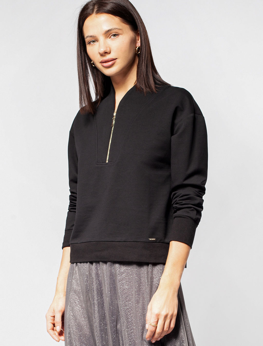 VILATTE / Укороченный джемпер с воротом на молнии из футера-двухнитки  фото 12