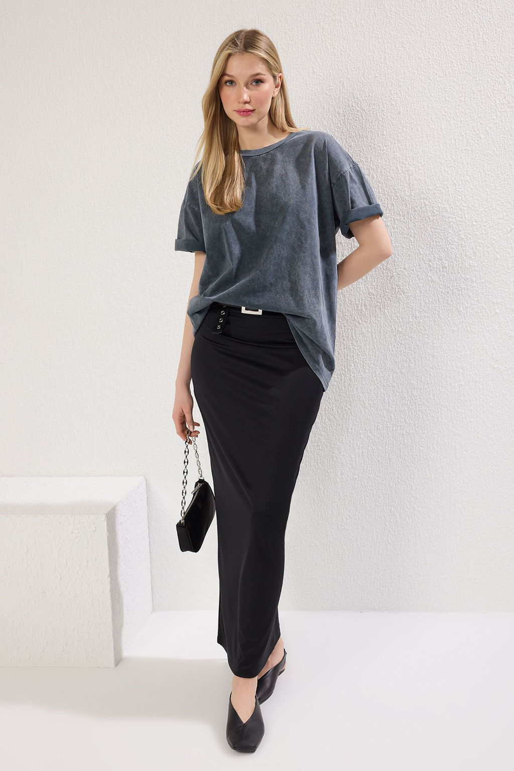 Antrasit*001 %100 Kal?n Pamuklu Premium Oversize/Genis Kal?p Orme T-Shirt TWOSS23TS00040