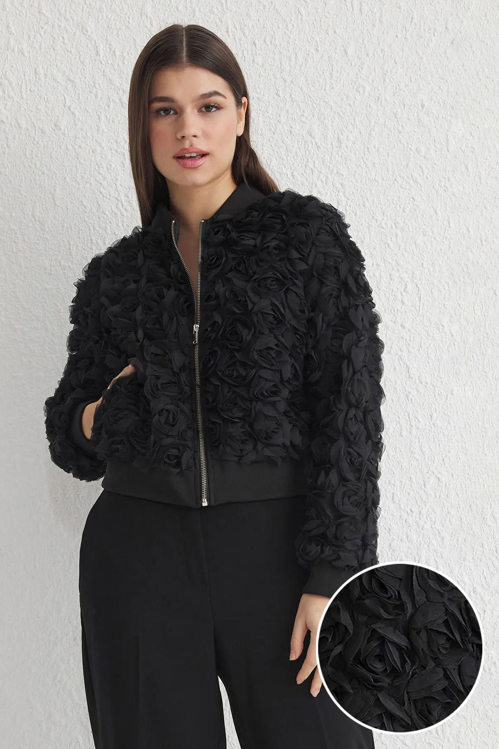 Trendyolmilla Siyah Oversize 3 Boyutlu Cicek Desenli Bomber Ince Ceket Mont TWOSS25MO00013  фото 2