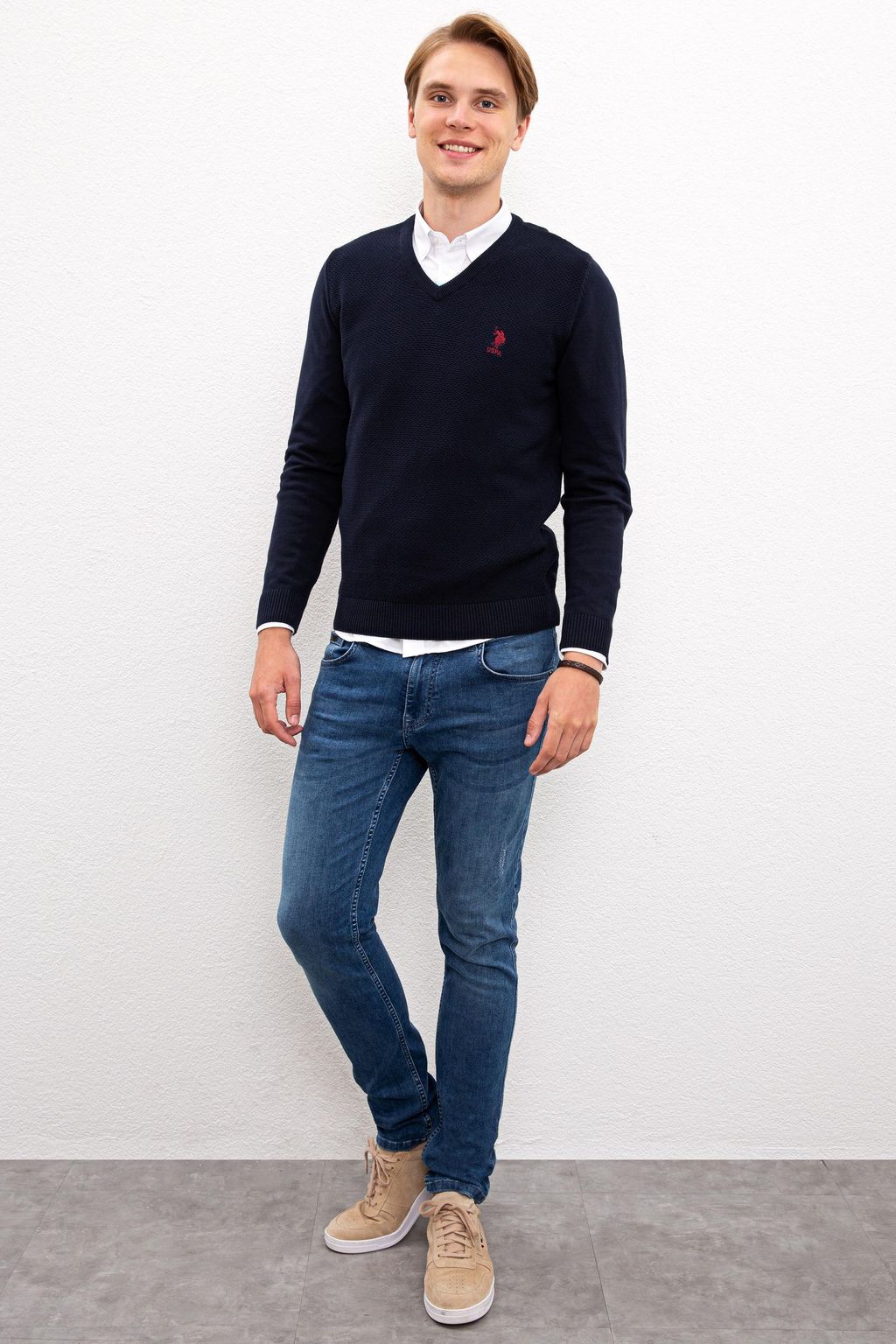 U. S. Polo Assn / Мужской темно-синий вязаный свитер с v-образным вырезом Basic - U.s. polo assn фото 4