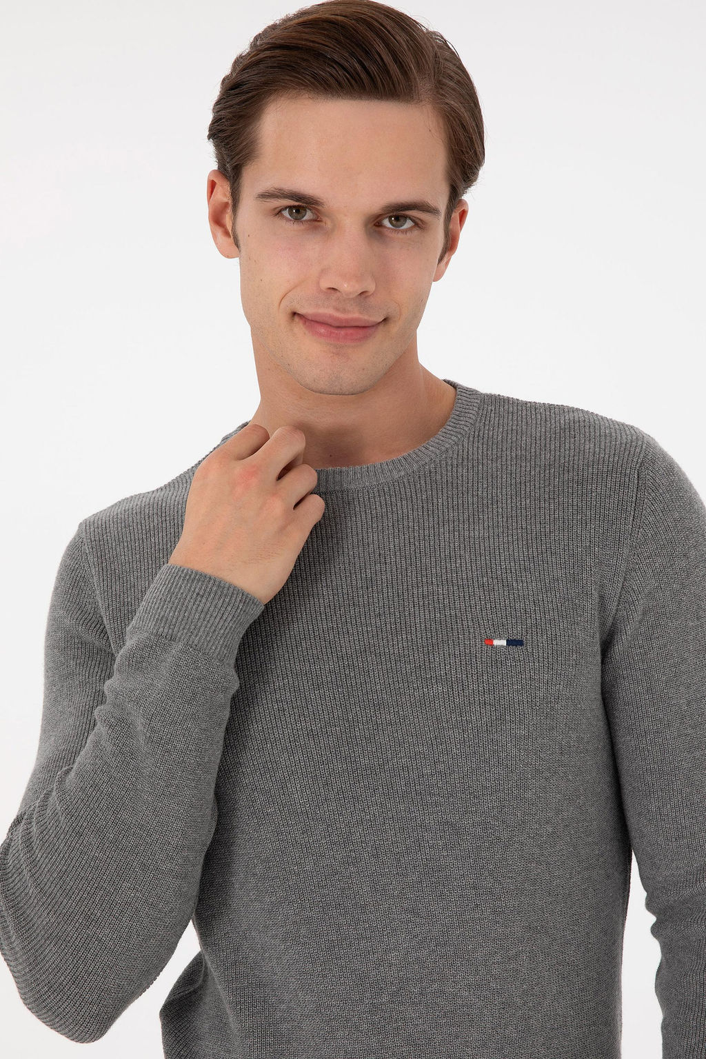 Erkek Slim Fit Bisiklet Yaka Gri Melanj Basic Kazak - U.s. polo assn фото 2