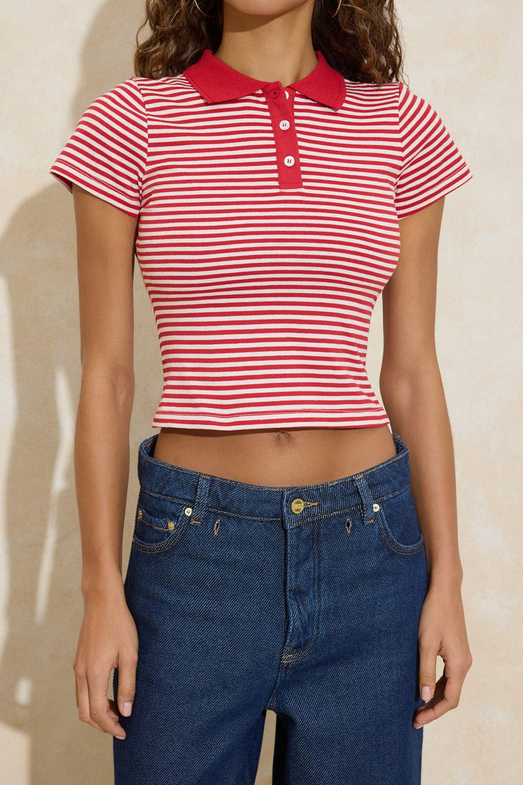 K?rm?z? Cizgili Fitted/Vucuda Oturan Polo Yaka K?sa Kollu %100 Pamuk Orme Bluz TWOSS26BZ00094 - Trendyolmilla фото 3