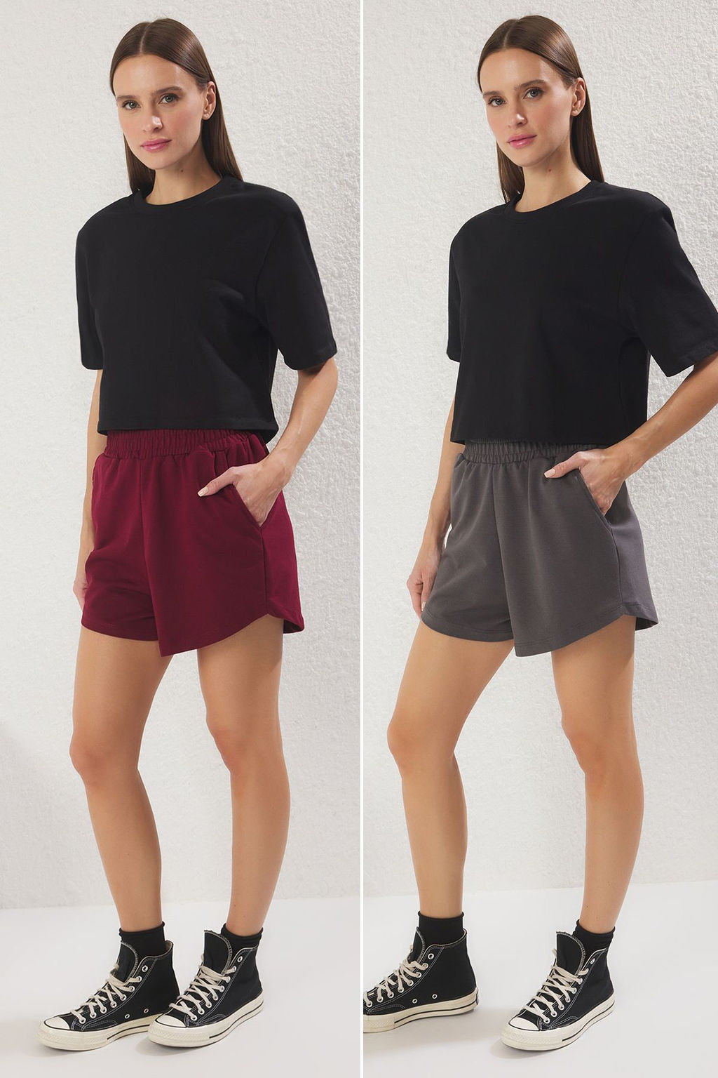 TRENDYOLMILLA Gri Melanj- Siyah 2Li Paket Relaxed/Rahat Kal?p K?sa Esnek Orme Sort & Bermuda TWOSS25SR00084