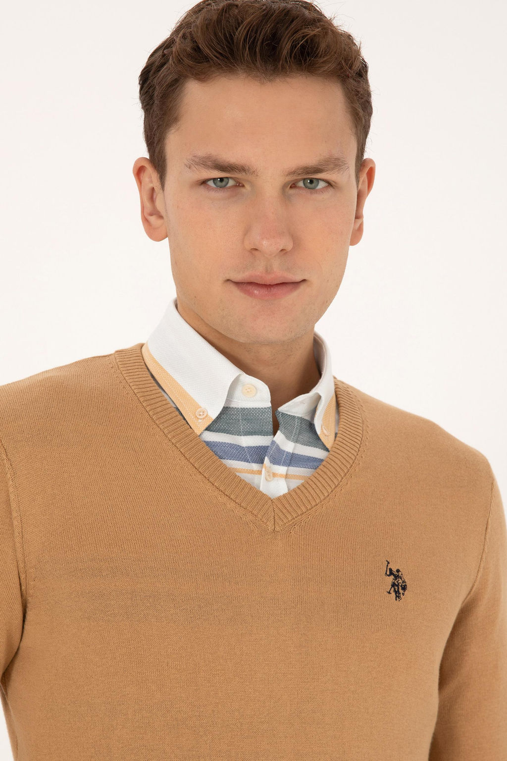 Erkek Slim Fit V Yaka Camel Basic Triko Kazak - U.s. polo assn фото 2