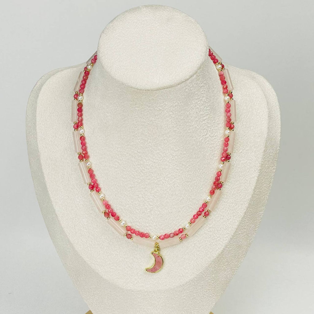 Колье двойное из Родонита, Розового кварца и Жемчуга