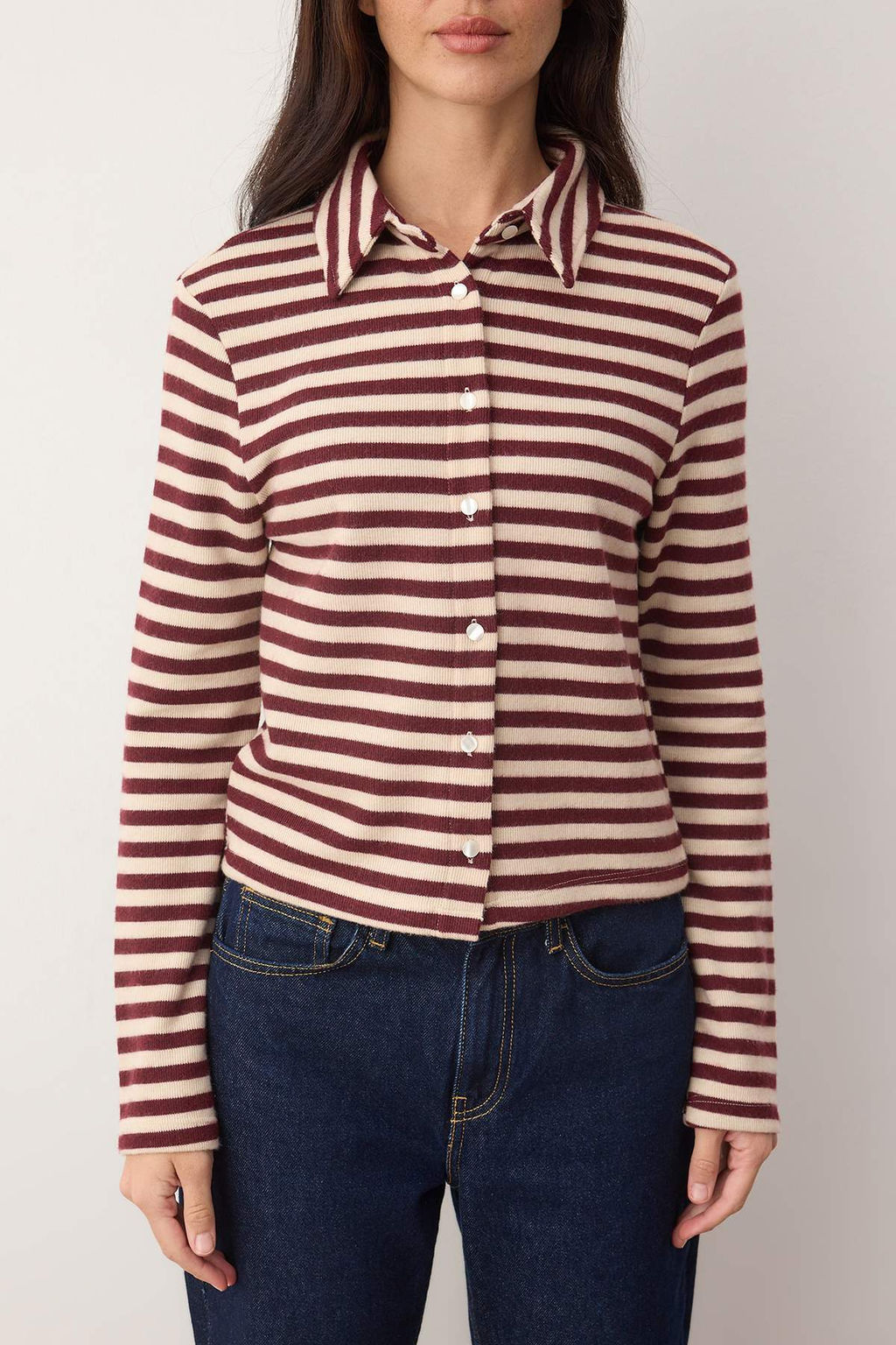 Ekru Cizgili Selanik Dugmeli Fitted/Vucuda Oturan Polo Yaka Orme Bluz TWOAW26BZ00342