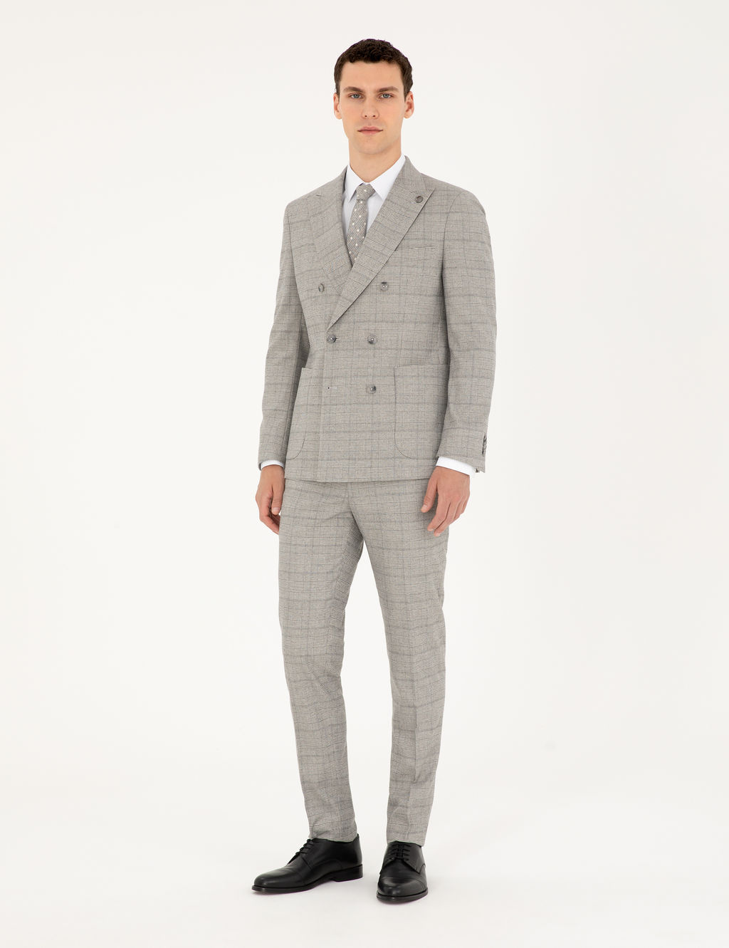 Gri Extra Slim Fit Ekose Kruvaze Tak_m Elbise