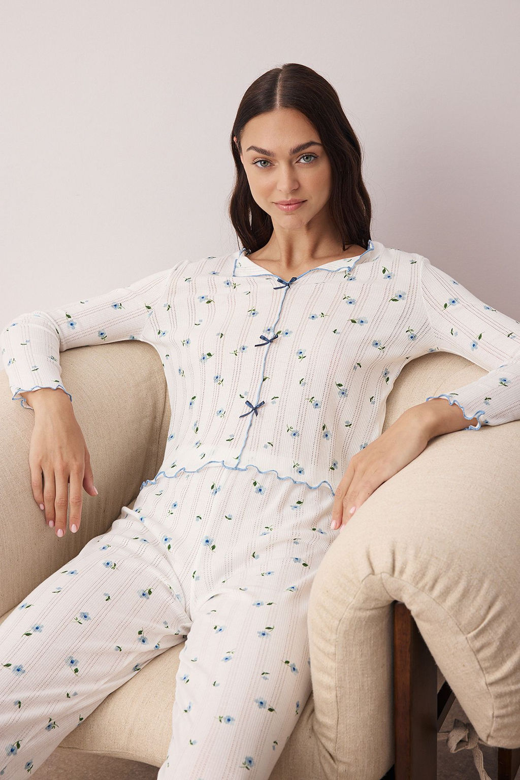 Pembe %100 Pamuklu Cicekli Kurdele/Fiyonklu Fitilli/Pointel Orme Pijama Tak?m? THMAW26PT00070