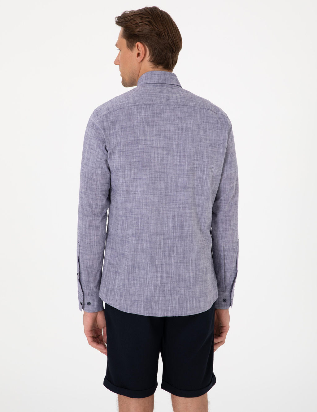Lacivert Keten G_r_n_ml_ Slim Fit Uzun Kollu G_mlek