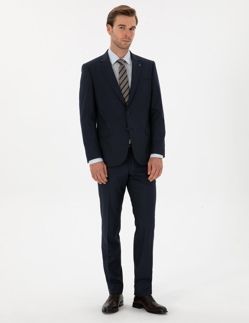 Lacivert Slim Fit Mikro Desenli Mono Yaka Tak_m Elbise