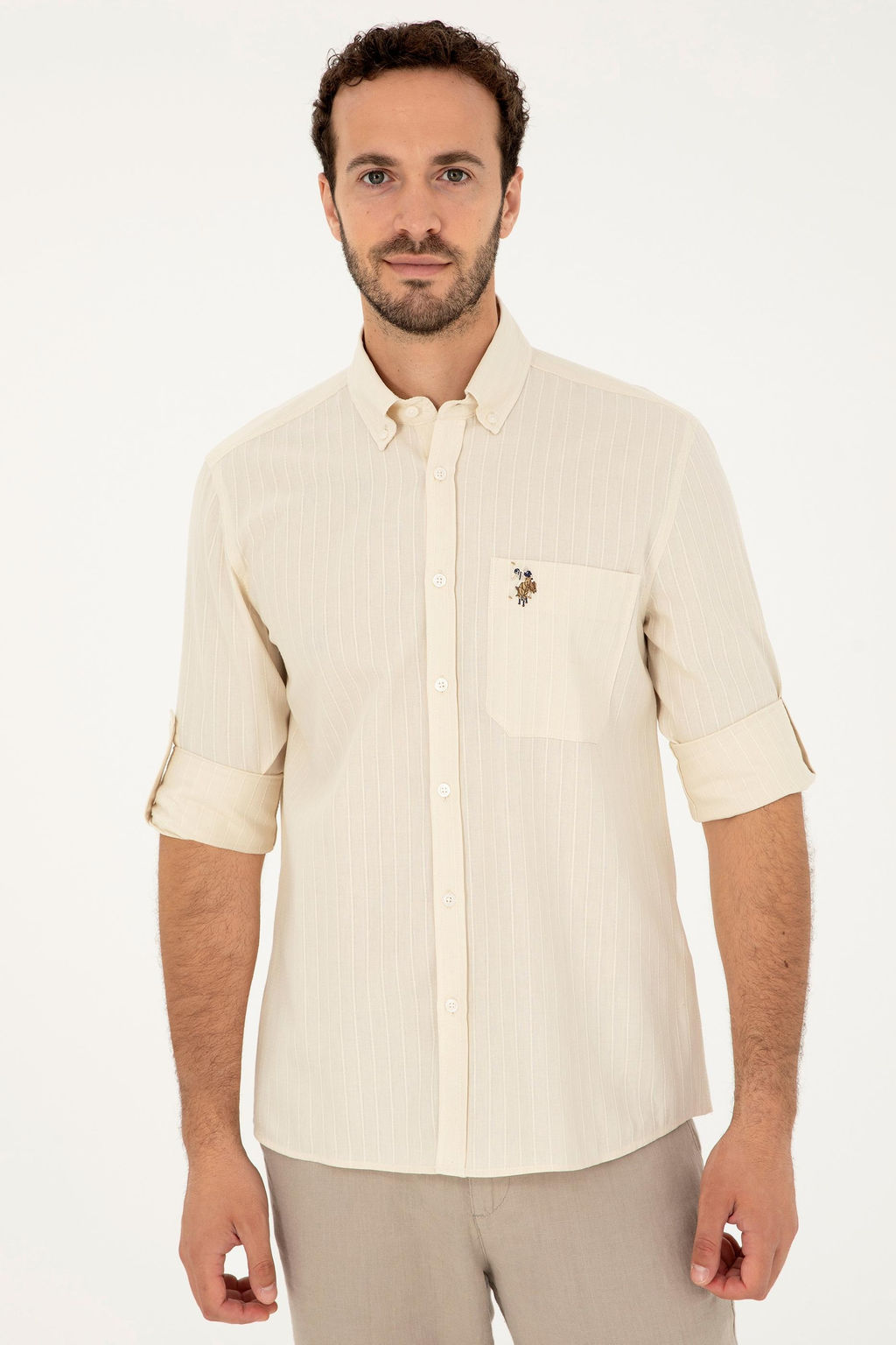 Мужская рубашка с длинным рукавом цвета экрю Неожиданная скидка в корзине - U.s. polo assn фото 3