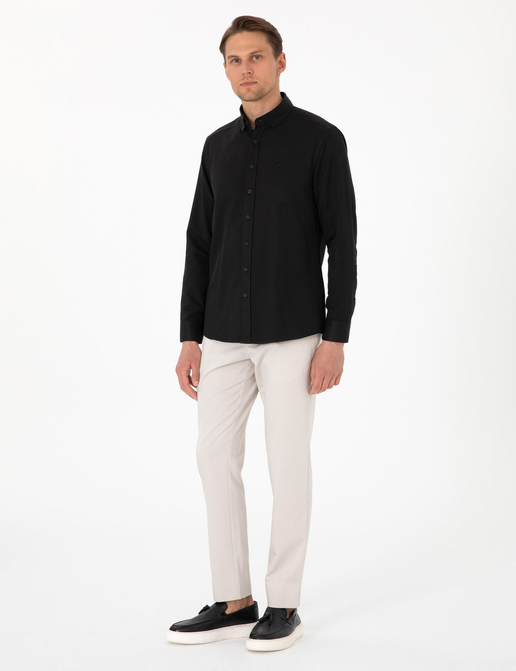 Siyah Oxford Slim Fit Kolay _t_lenebilir G_mlek