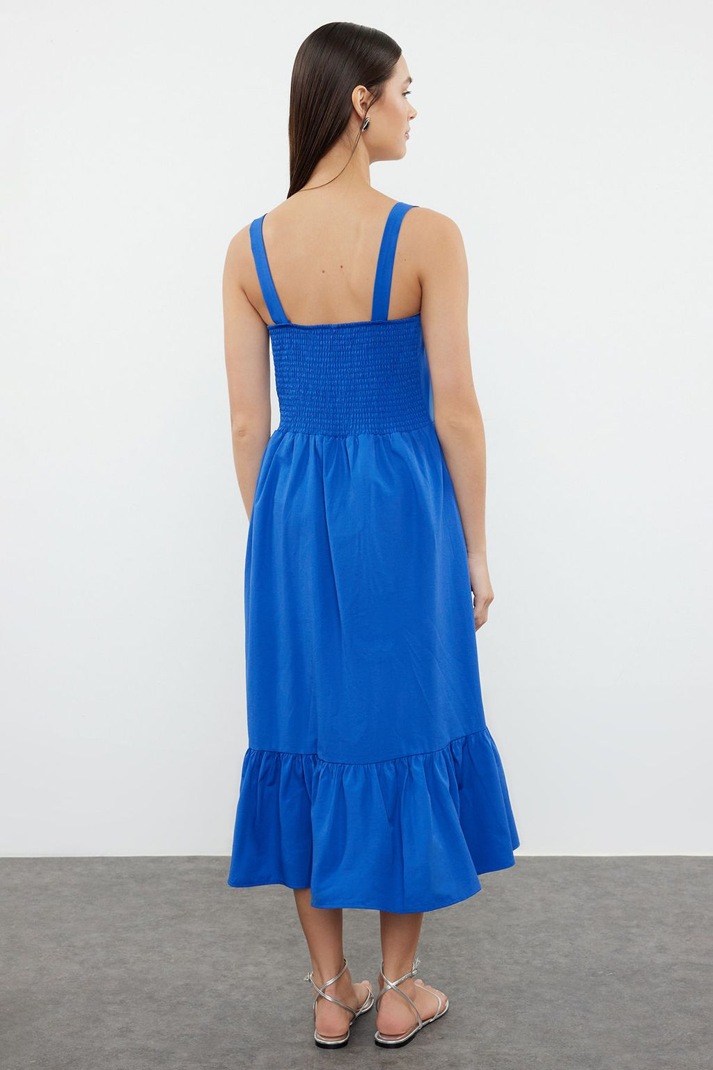 Koyu Mavi Belden Ac?lan Fermuar Detayl? Midi Astarl? Dokuma Elbise TWOSS20EL2208