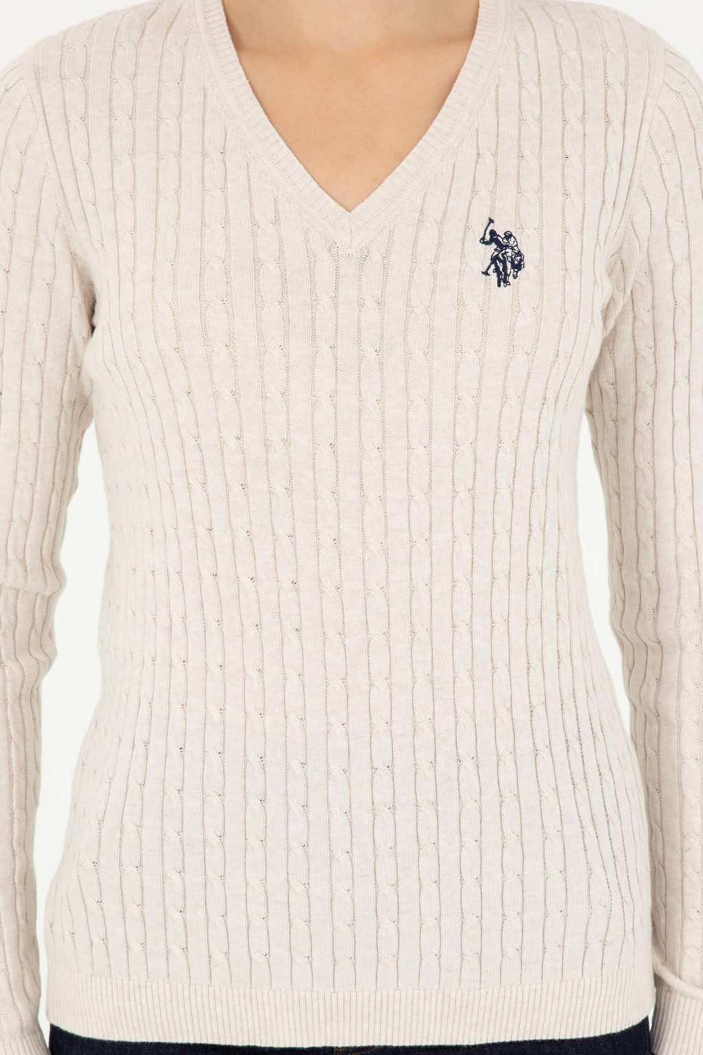 Женский кремовый меланжевый базовый свитер с v-образным вырезом Неожиданная скидка в корзине - U.s. polo assn фото 6