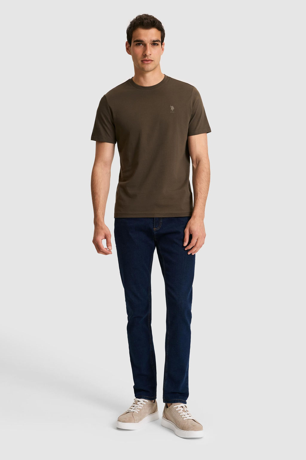 Erkek Regular Fit Bisiklet Yaka Koyu Haki Basic Ti__rt