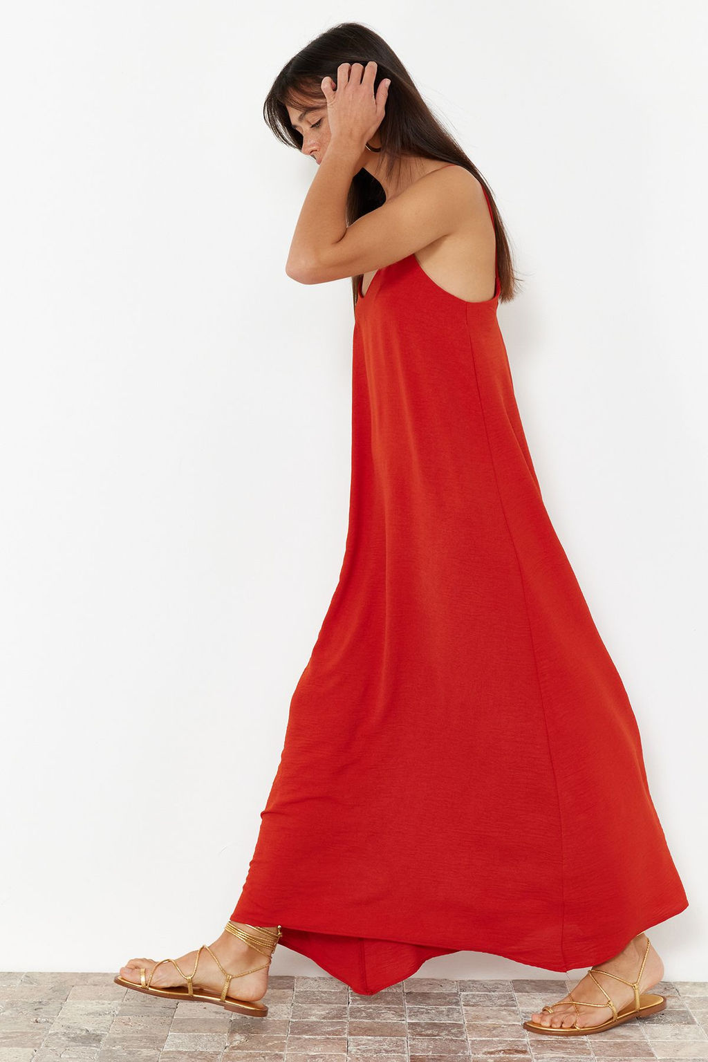 TRENDYOLMILLA Indigo Duz Kesim V Yaka Maxi Dokuma Elbise TWOSS24EL00995 фото 24