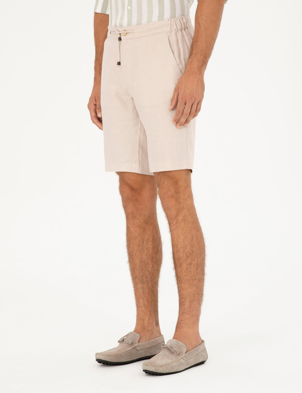 Bej Slim Fit Keten Beli Lastikli Dokuma _ort