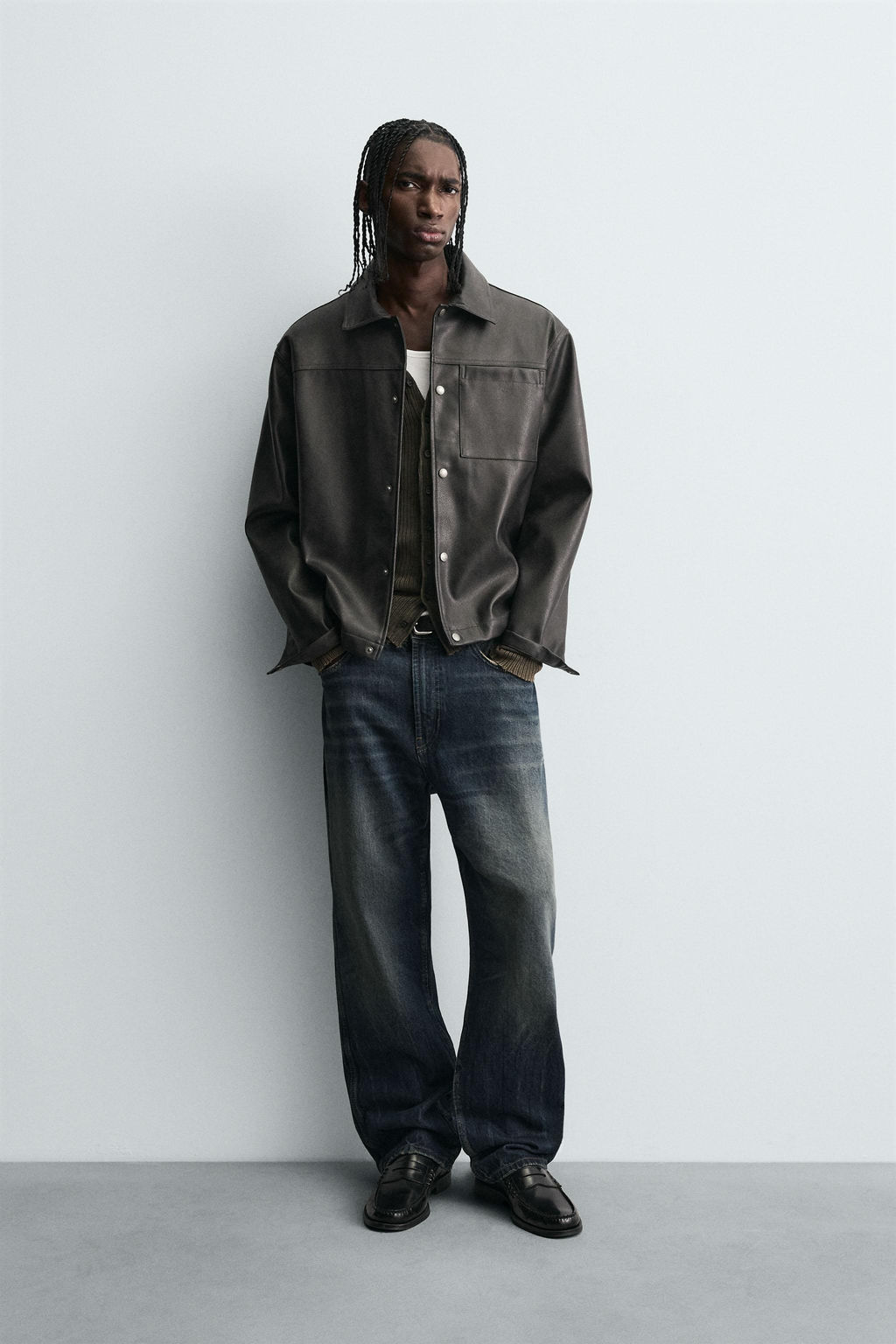 WASHED FAUX LEATHER OVERSHIRT