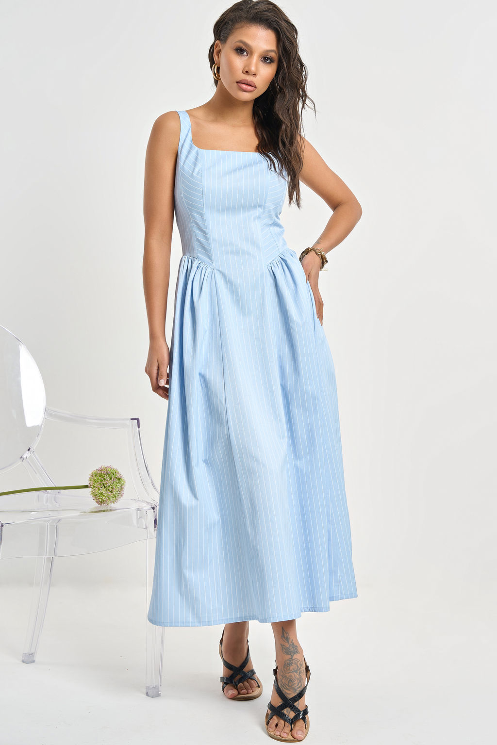 Сарафан хлопковый в полоску голубой - Fly фото 6