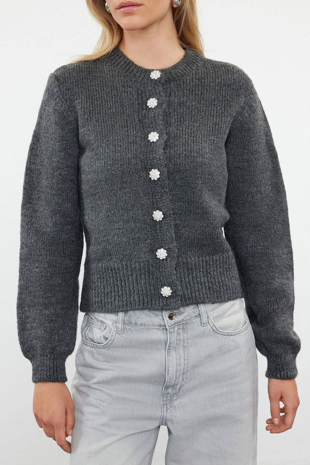 Antrasit Yumusak Dokulu Mucevher Dugmeli Ceket Gorunumlu Triko H?rka TWOAW21HI0034