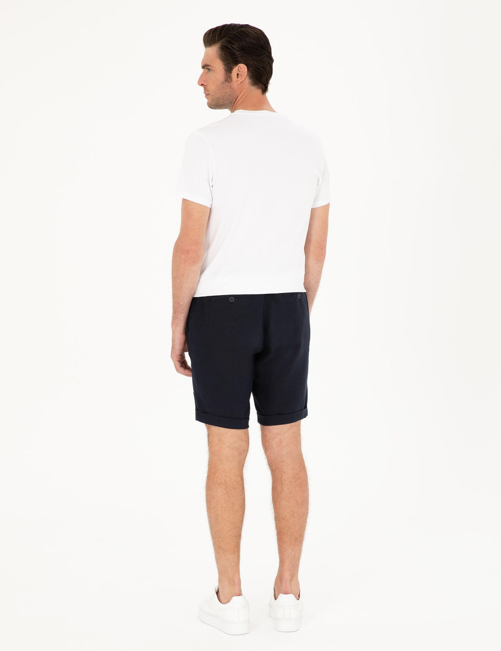 Темно-синие льняные шорты стандартного кроя с эластичной резинкой на талии - Cacharel фото 4