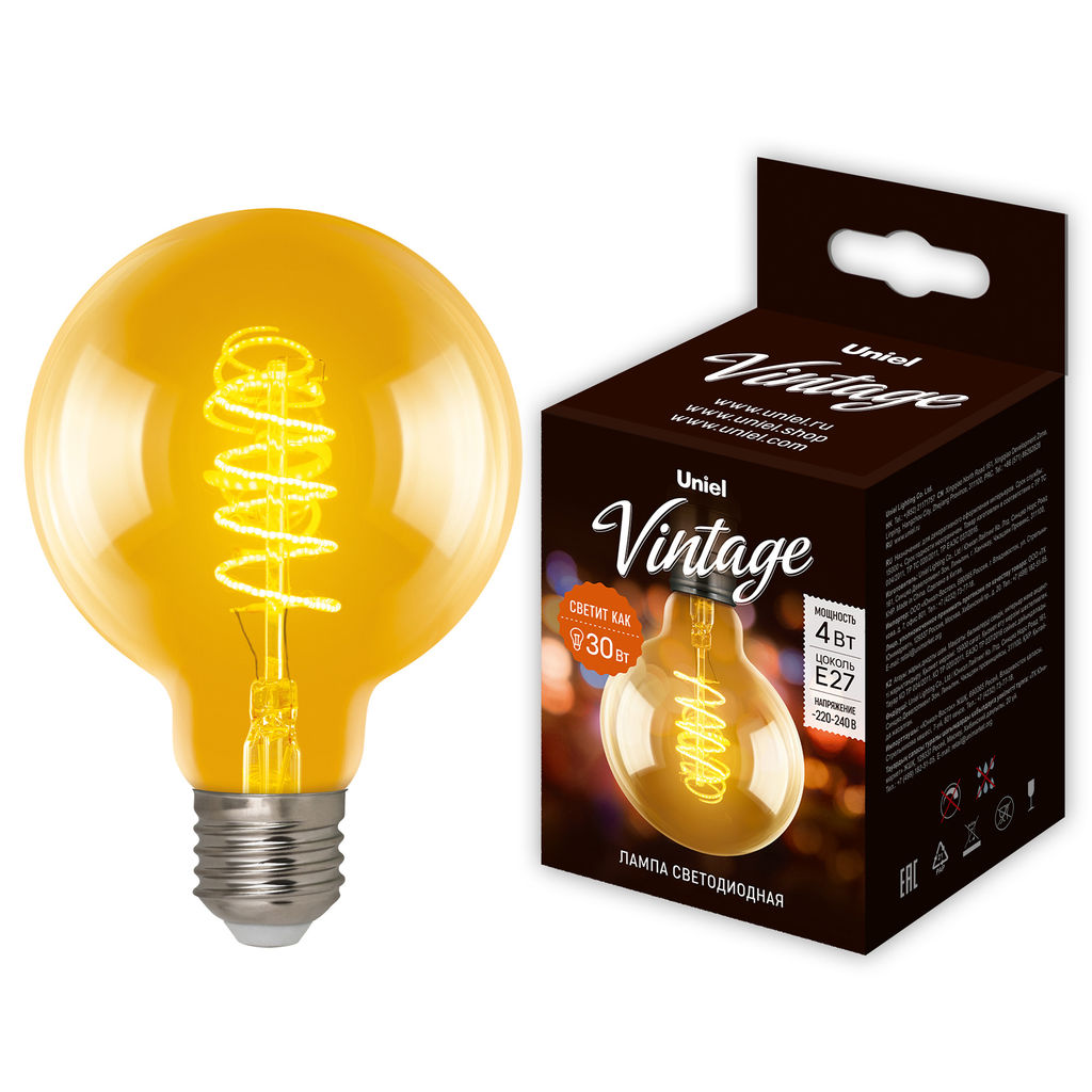 LED-G95-4W/GOLDEN/E27/CW GLV21GO Лампа светодиодная Vintage. Форма шар, золотистая колба. Cпиральная нить. Картон. ТМ Uniel