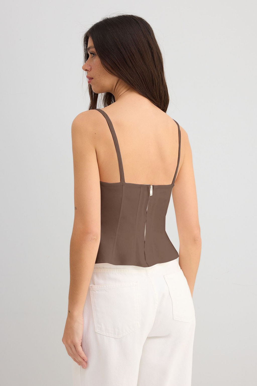 Ac?k Kahverengi Pamuklu Gabardin Ask?l? Peplum Dokuma Bluz TWOSS25BZ00537