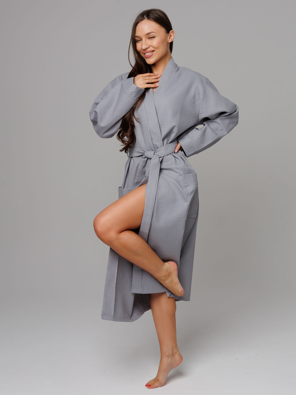 Женский вафельный халат с планкой серый В-02 (20)