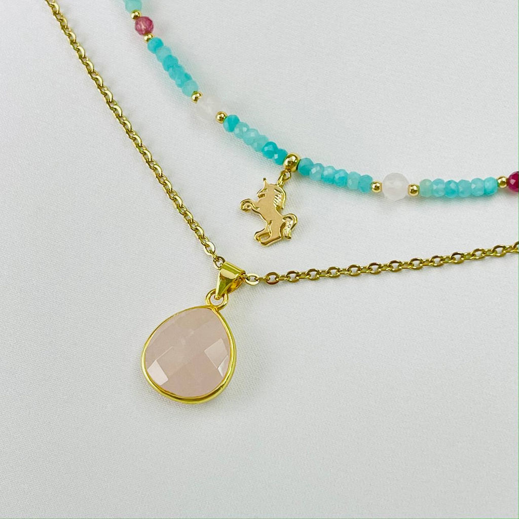 Колье двойное из Амазонита, Розового кварца и розового Турмалина - Радуга самоцветов фото 2