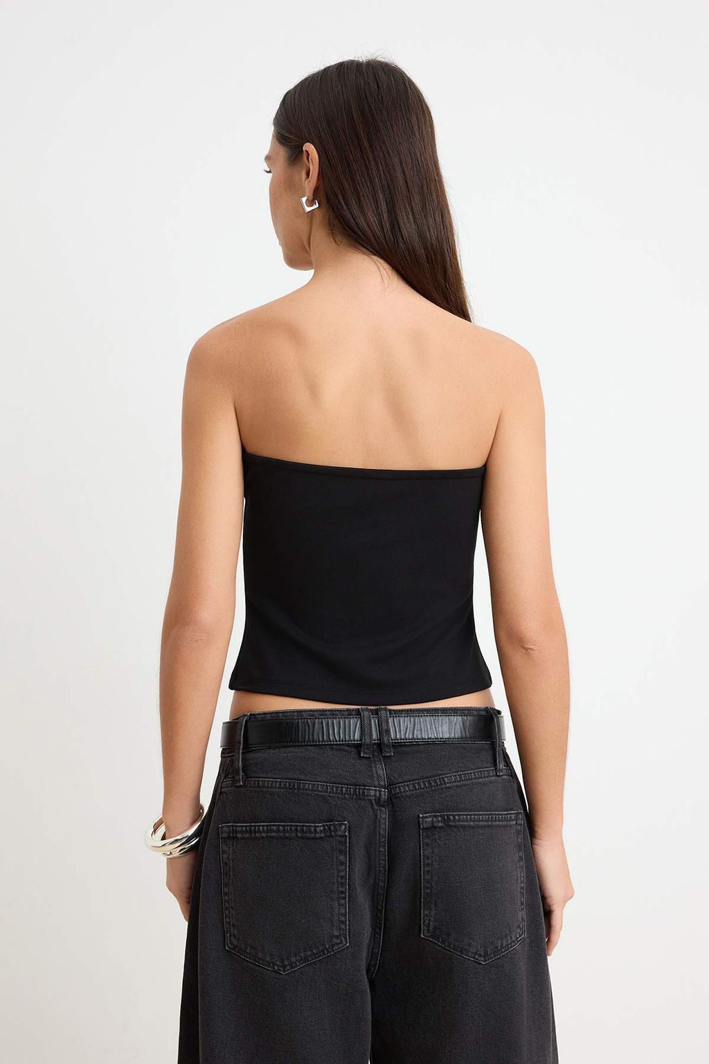 Siyah Fitted/Vucuda Oturan Straplez Kolsuz Toka Interlok Orme Bluz TWOSS26BZ00752 - Trendyolmilla фото 4