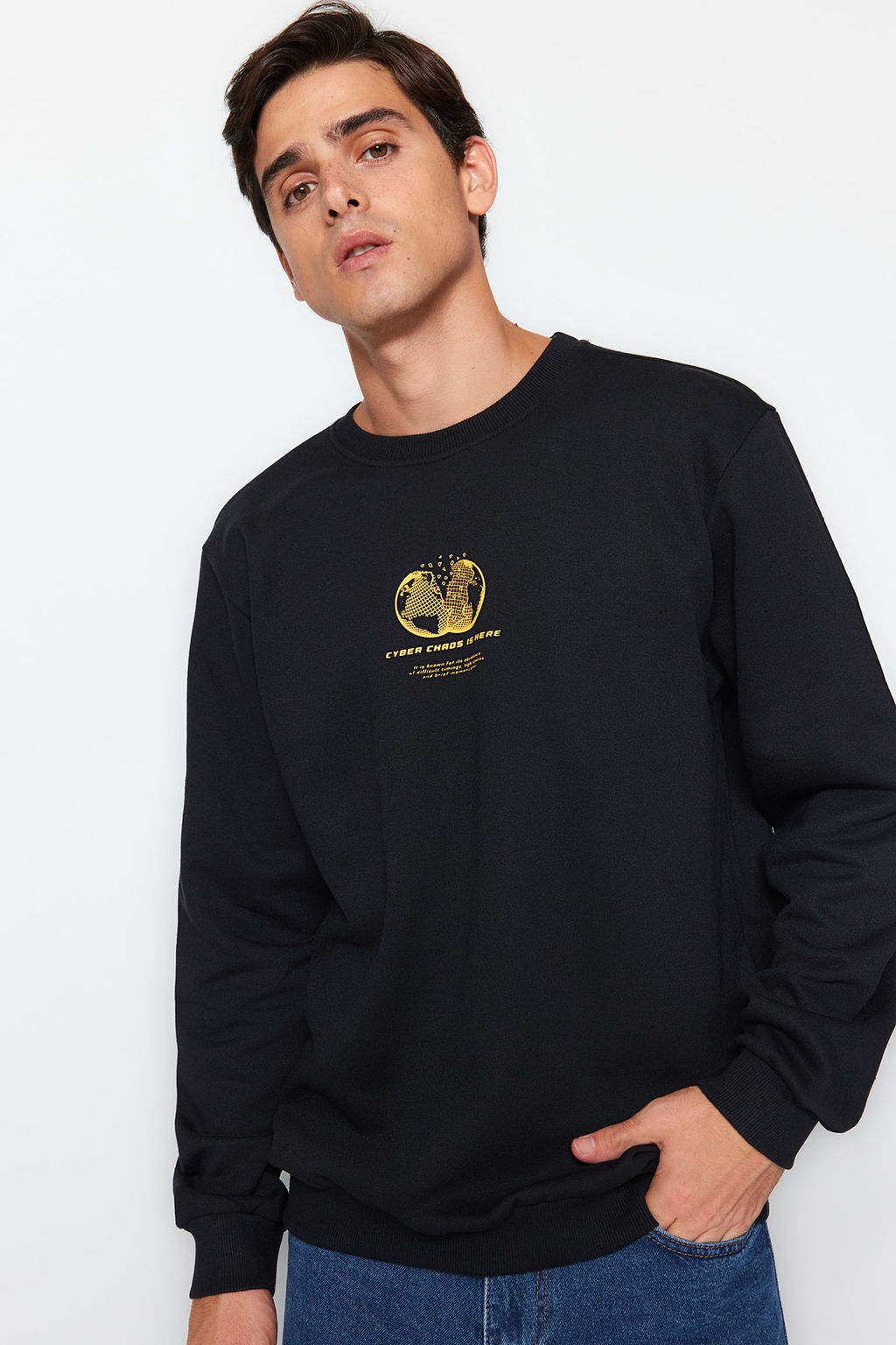 Siyah Bisiklet Yaka Regular/Normal Kesim Uzay Bask? Ici Polar/S?cak Tutan Sweatshirt TMNAW24SW00093