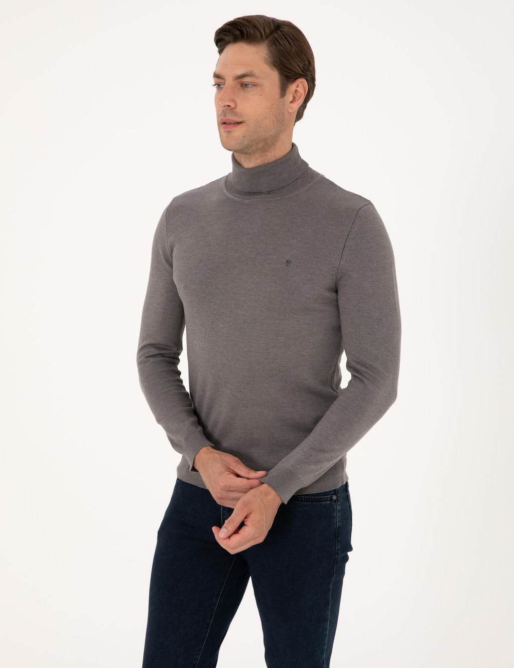 Gri Melanj Slim Fit Bal_k__ Yaka Basic Triko Kazak - Pierre cardin фото 3