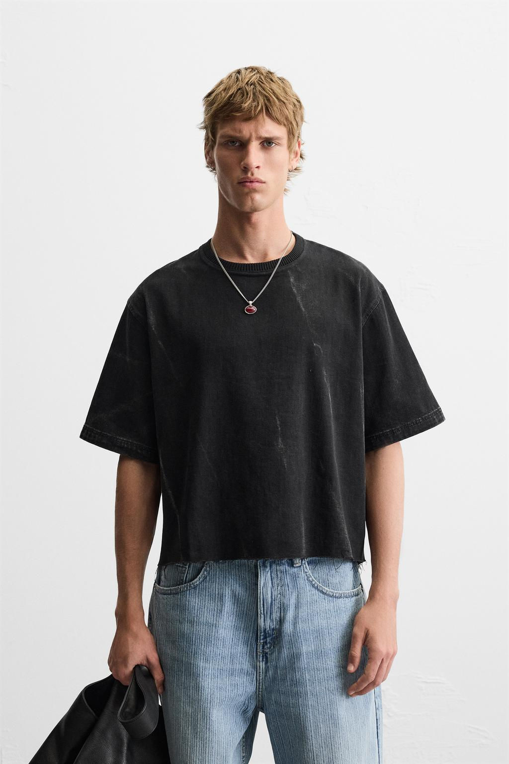 CROPPED FIT DENIM T-SHIRT - Zara фото 2