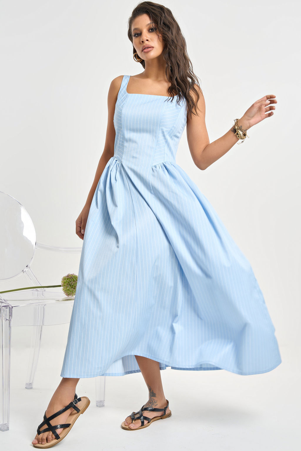 Сарафан хлопковый в полоску голубой - Fly фото 3