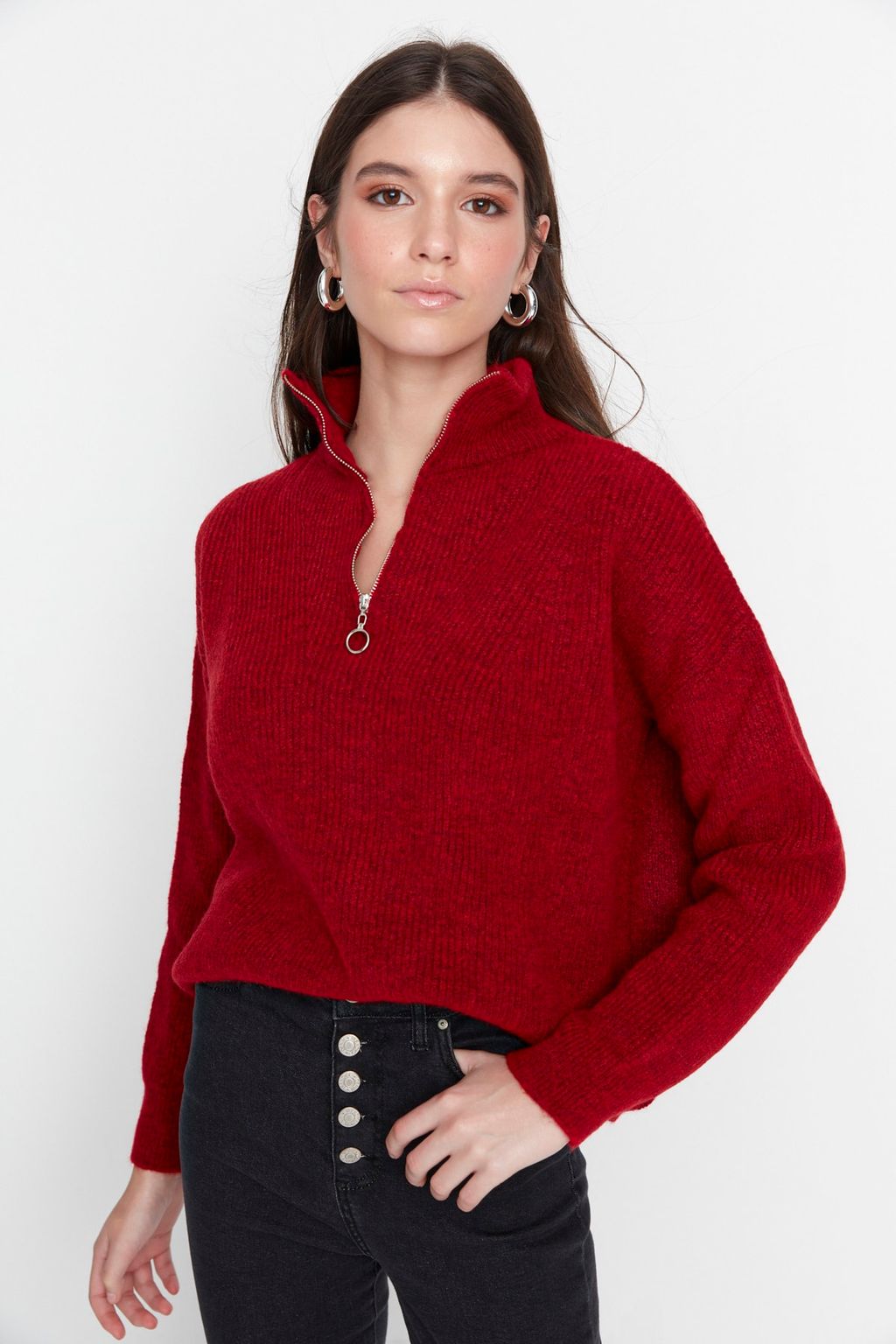 K?rm?z? Yumusak Dokulu Fermuarl? Triko Kazak TWOAW20XS0009