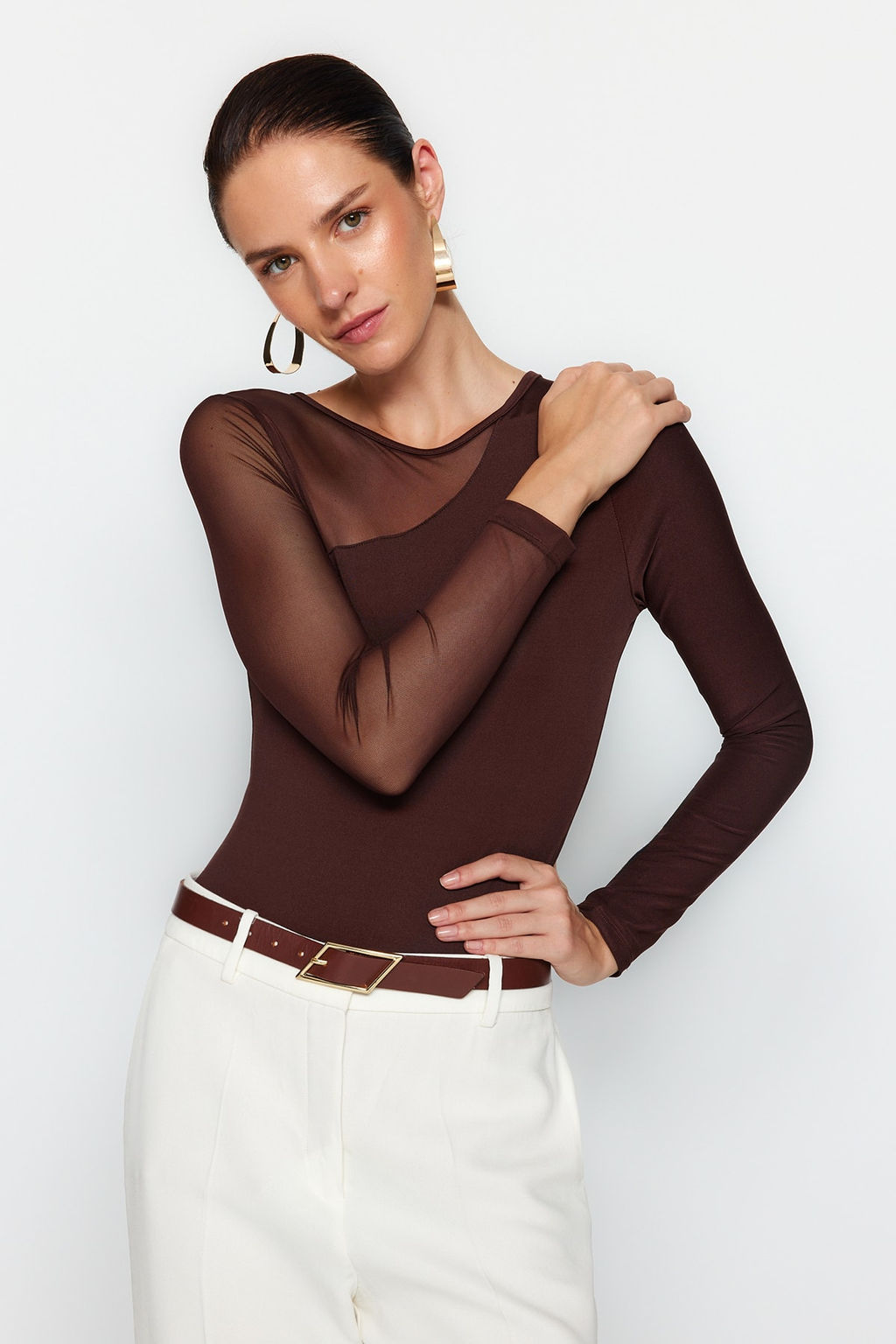 TRENDYOLMILLA Kahverengi Tul Detayl? C?tc?tl? Esnek Orme Body TWOAW24BD00021  фото 6