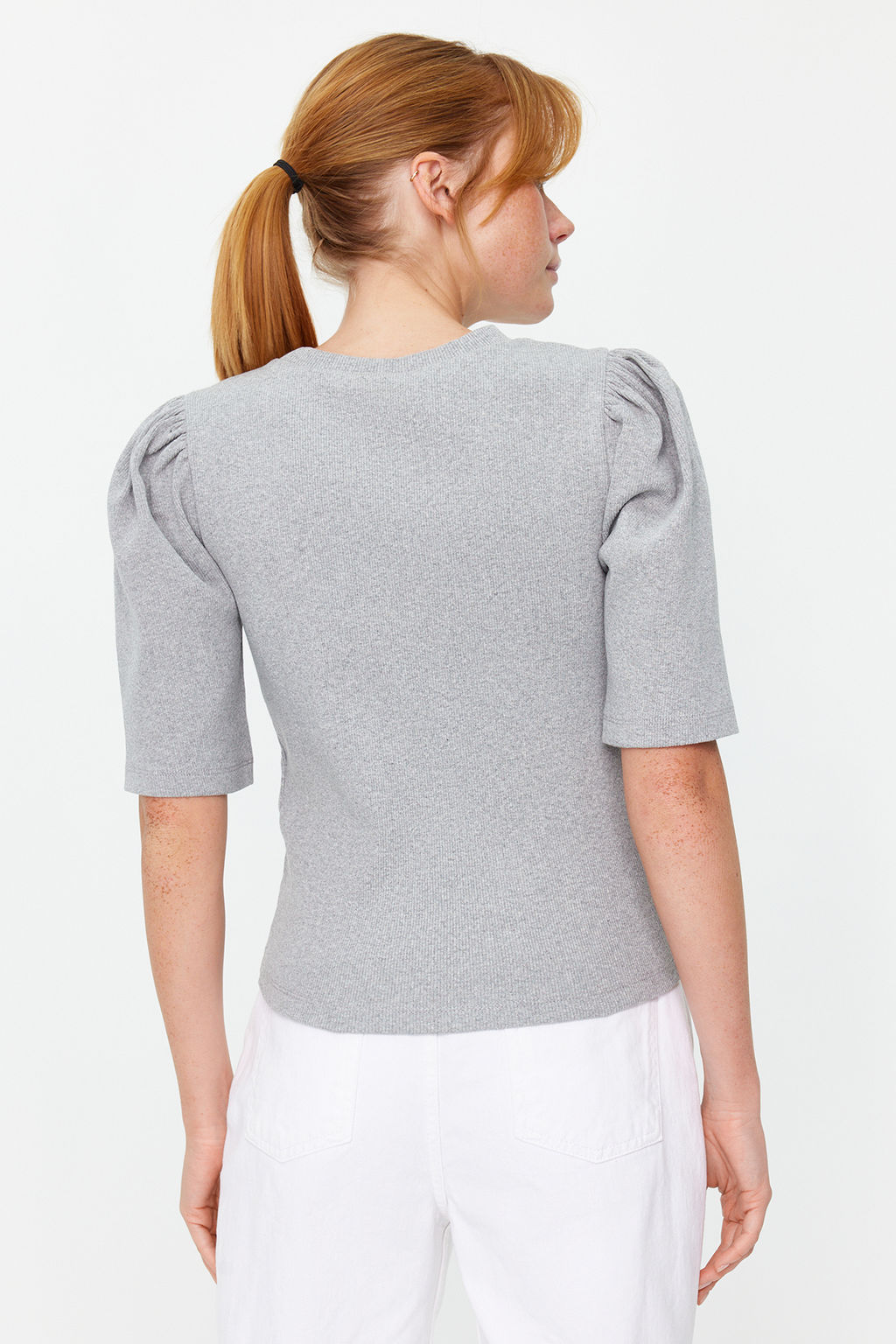 Gri Melanj Balon Kollu Bisiklet Yaka Fitilli Esnek Orme Bluz TWOSS24BZ00160