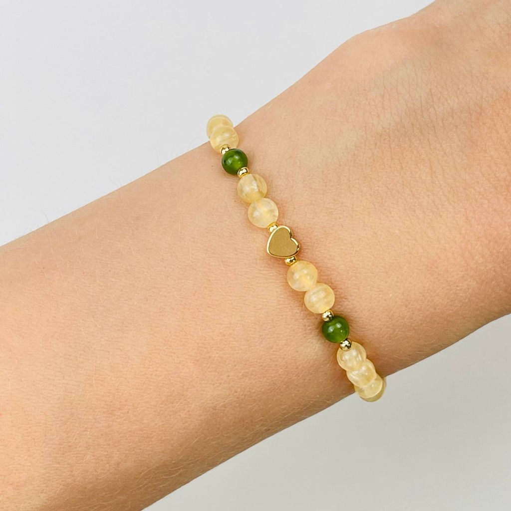 Браслет детский из Селенита и Нефрита со вставкой "Сердце" 14 см