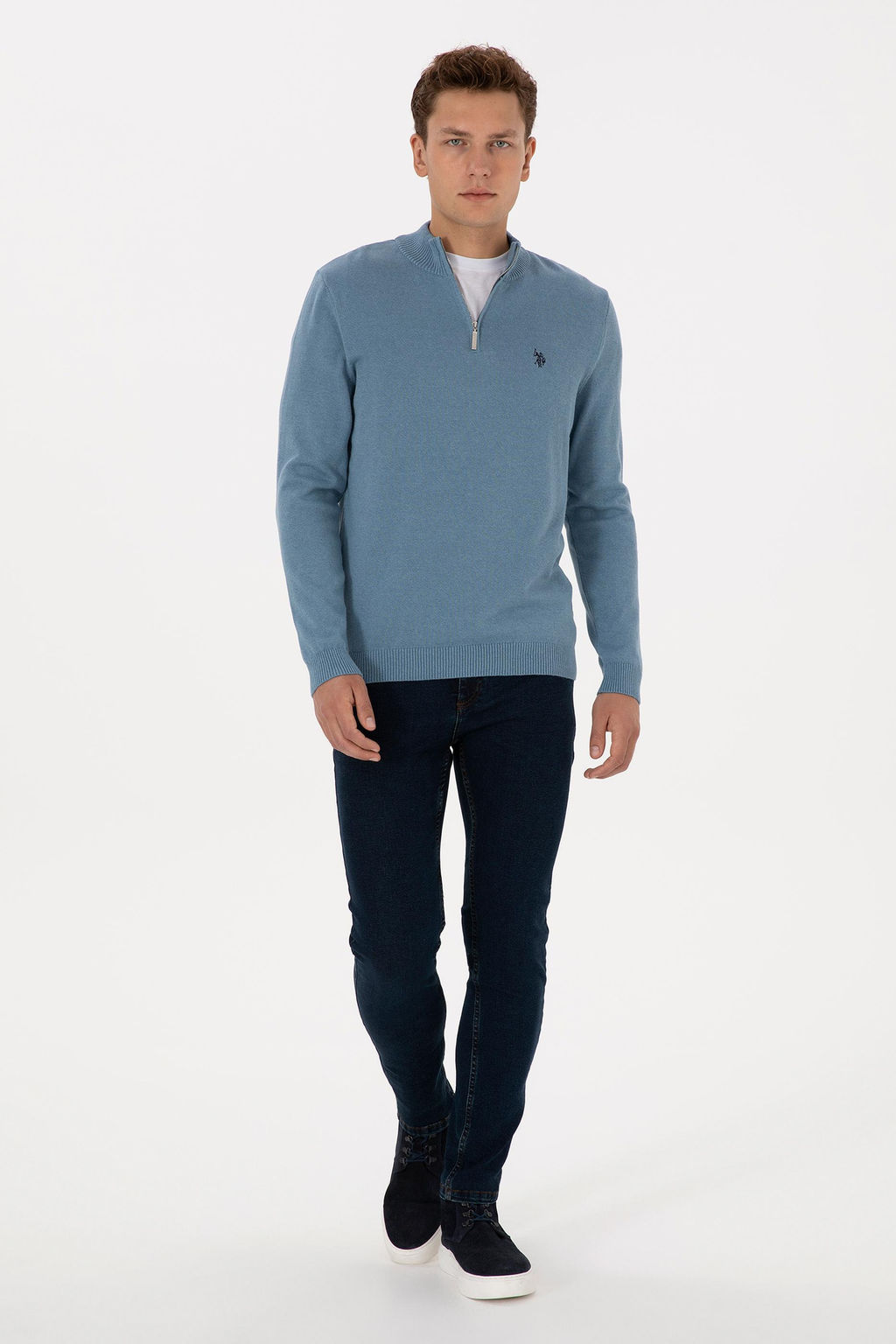Erkek Slim Fit Yar_m Fermuarl_ Mavi Basic Kazak - U.s. polo assn фото 4