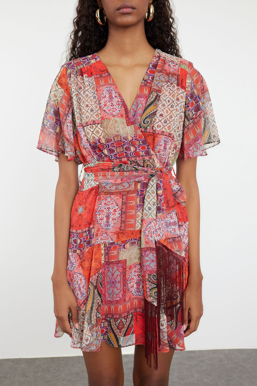 Cok Renkli A Kesim Puskul Detayl? Sifon Astarl? Mini Dokuma Elbise TWOSS24EL00808