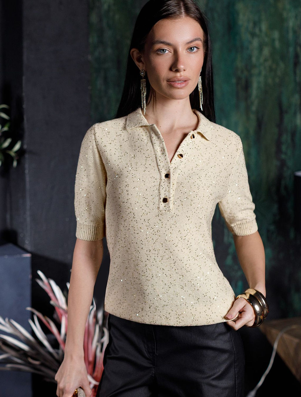 Джемпер поло с застежкой на пуговицы из хлопковой пряжи с пайетками - Vilatte фото 4