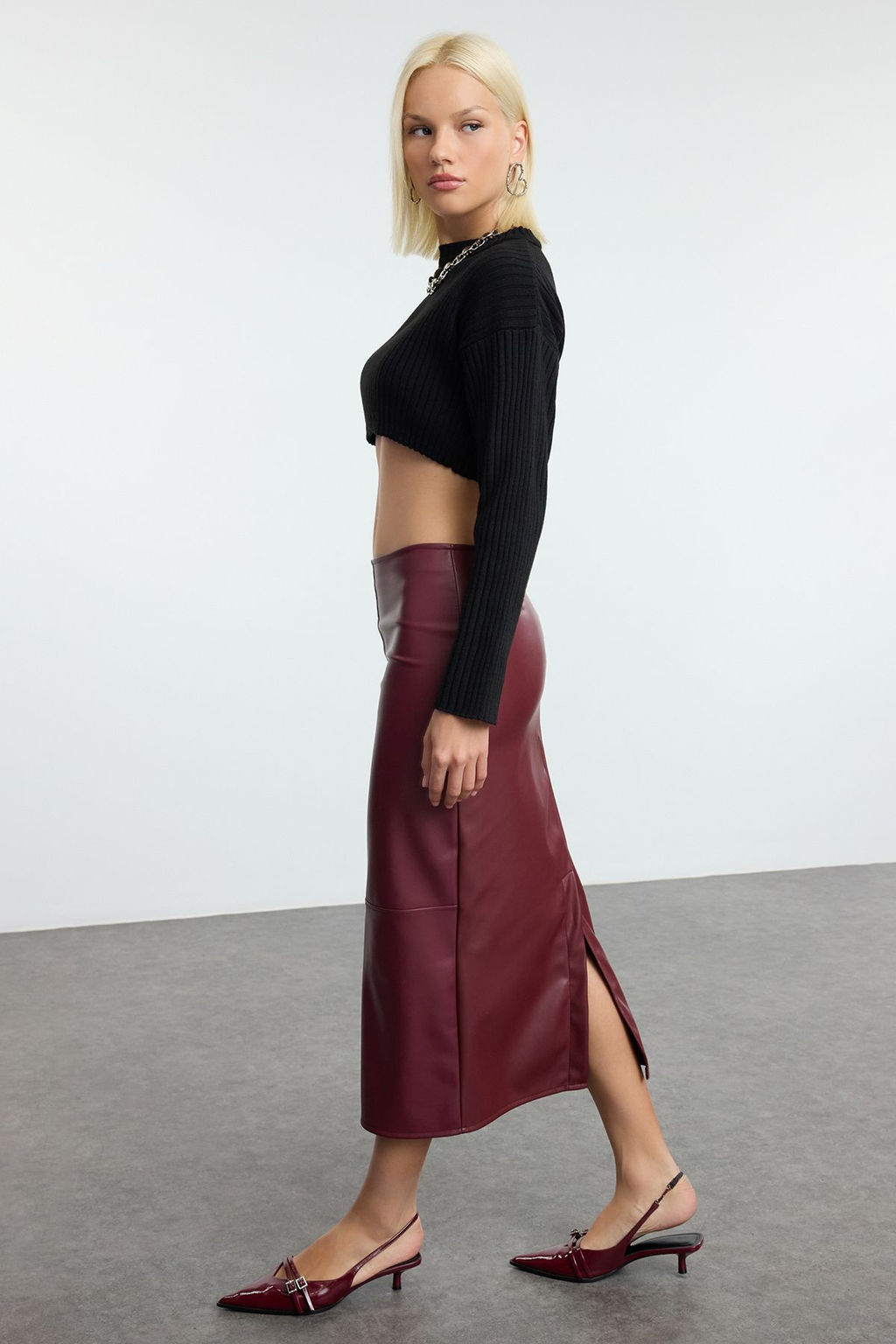 TRENDYOLMILLA Bordo Yuksek Bel Kalem Vucuda Oturan Y?rtmacl? Etek TWOAW25ET00090 фото 3