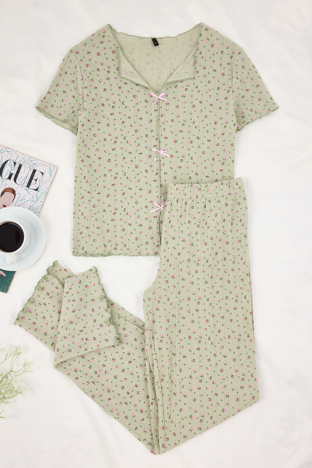 Yesil %100 Pamuklu Cicekli Kurdele/Fiyonklu Fitilli/Pointel Orme Pijama Tak?m? THMSS26PT00010 - Trendyolmilla фото 33