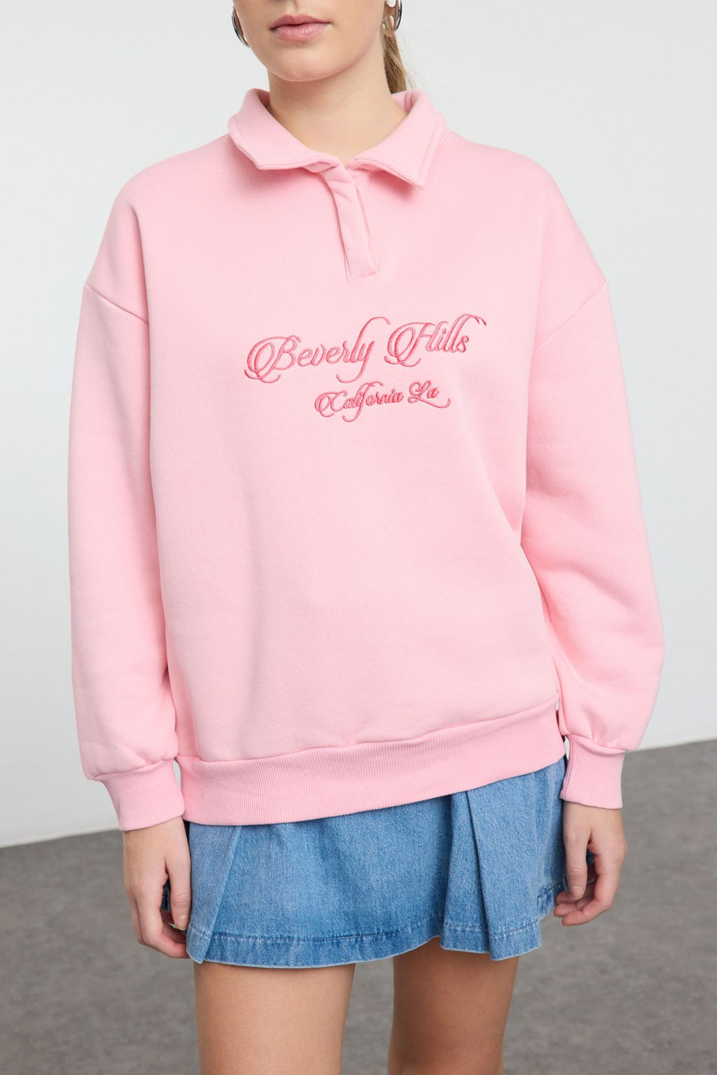 Ac?k Pembe Gomlek Yaka Nak?sl? Regular Fit Kal?n Ici Polarl? Orme Sweatshirt TWOAW24SW00182